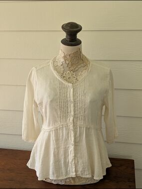 Kleen Women's Ivory Pintuck Button-Front Peplum Blouse